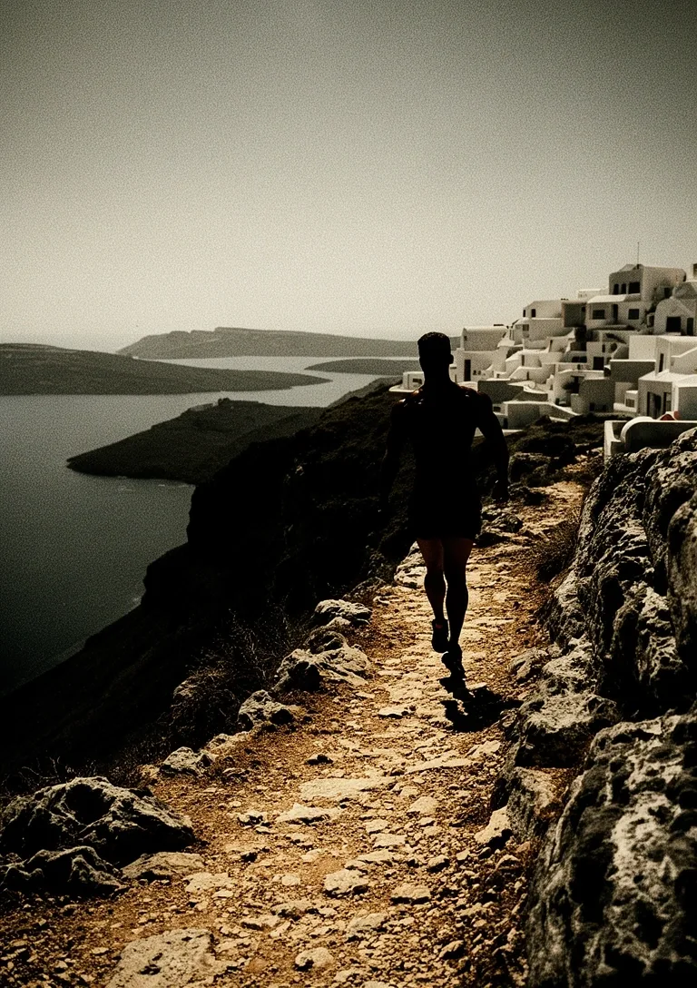Silhouette walking on rugged Greek hillside